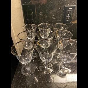 🎩FOSTORIA Platinum Banded Crystal Water Glasses Set Of 9 Hardly Used.